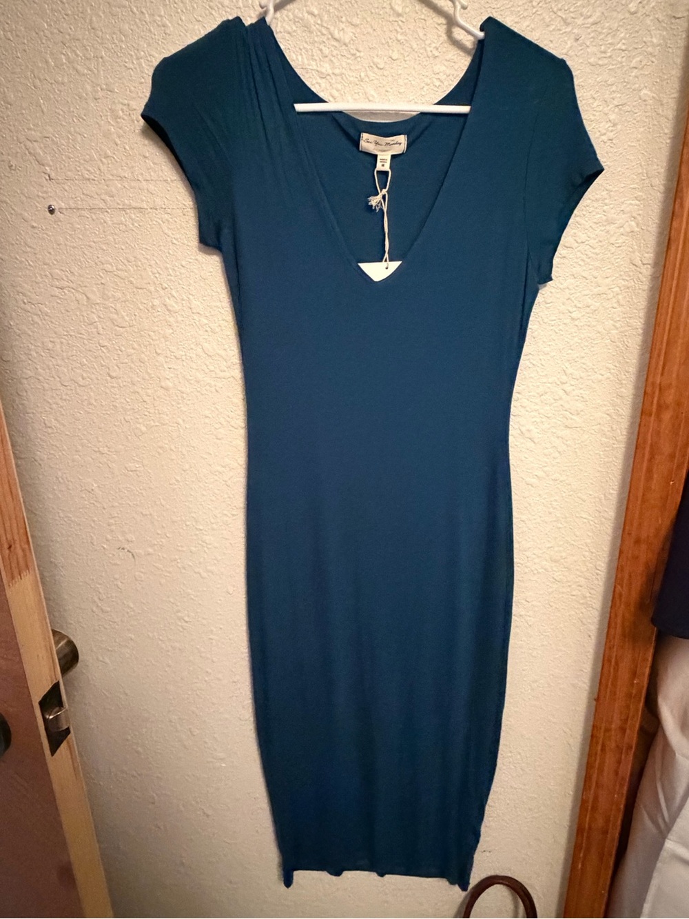 See You Monday Teal V-Neck Cap Sleeve Midi Dress